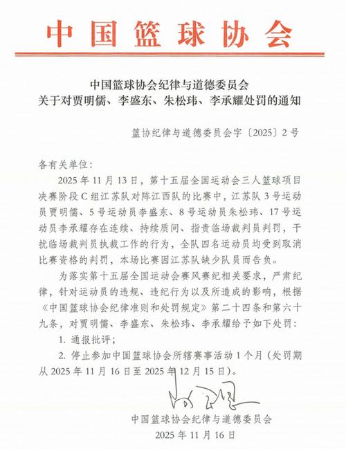 指责+干扰裁判判罚~三篮朱松玮等4人被停止参加篮协赛事活动1个月
